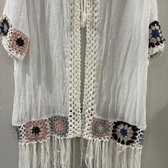 Oliver by Escio open-front kimono cardigan beach cover-up crochet trim fringe XL - Picture 4 of 7